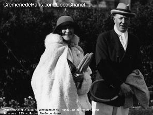 Coco Chanel and Bendor, the 2nd Duke of Westminster on the tennis court of the Hotel Carlton in Cannes. The Duke of Westminster was England's richest man. He had the passion to offer jewellery to beautifu women
