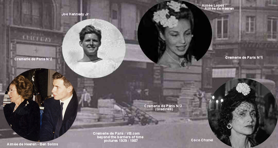 Cremerie de Paris in 1938, in the small images young Aimee de Heeren, Coco Chanel and Joe Kennedy Jr - color image the same Aimée de Heeren with Ben Solms 5Grand Hotels of the Worldà hals a century later. Cremerie de Paris 1938